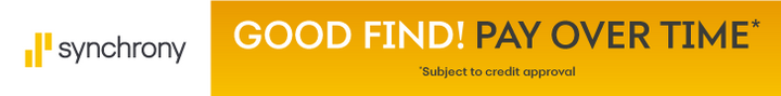 Synchrony advertisement with 'Good Find! Pay Over Time' text on a yellow background