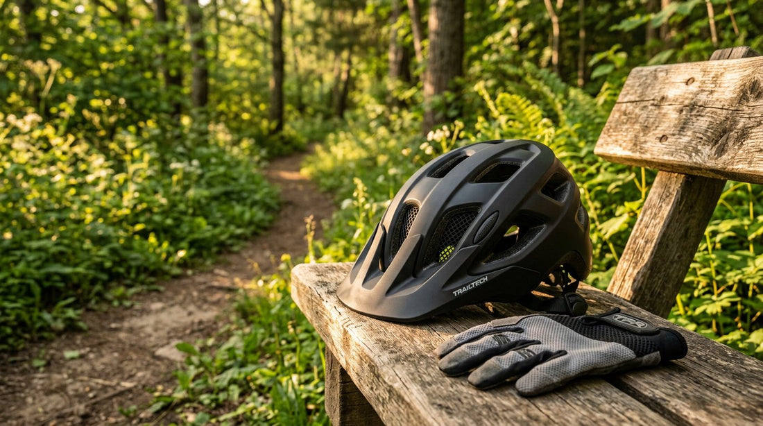 A high-resolution, realistic photograph capturing a close-up of a vented e-bike helmet resting on a textured wooden trail