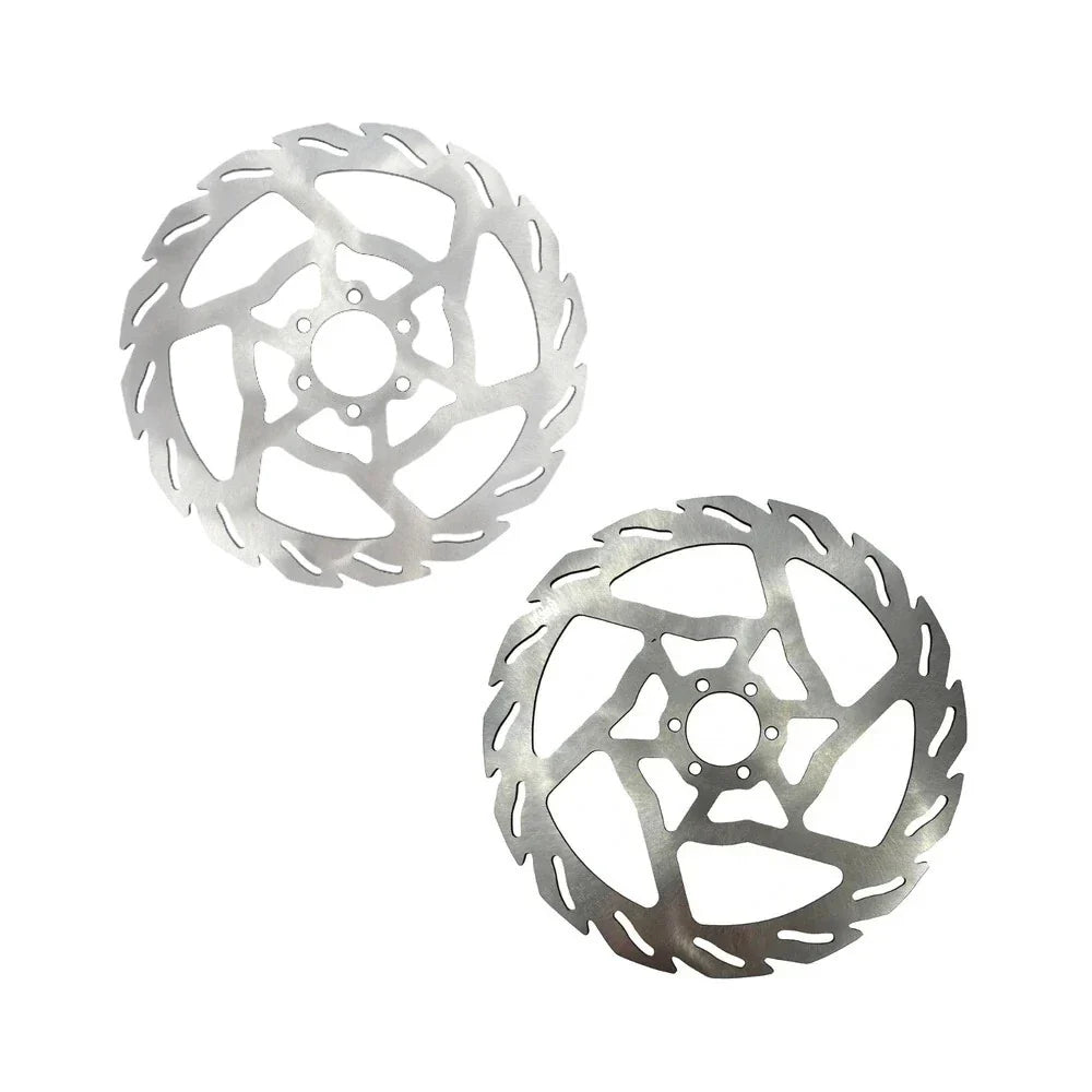 Two metallic disc brake rotors on a white background