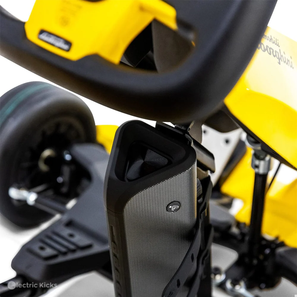 Close-up of a scooter's handlebar and control panel with visible branding.