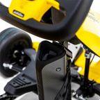 Close-up of a scooter's handlebar and control panel with visible branding.