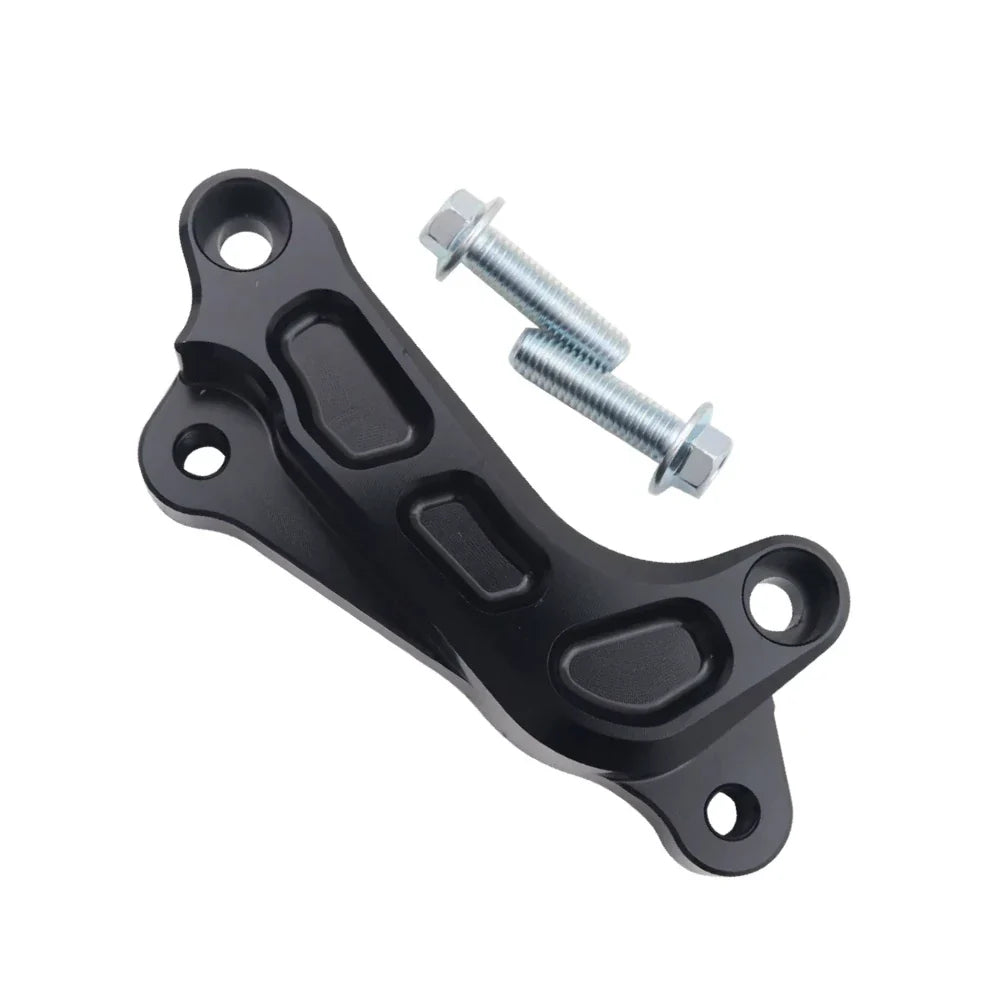 Black metal bracket with two screws on a white background