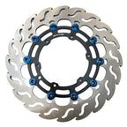 Motorcycle rotor with blue bolts on a white background