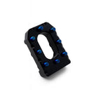 Black metal bracket with blue screws on a white background