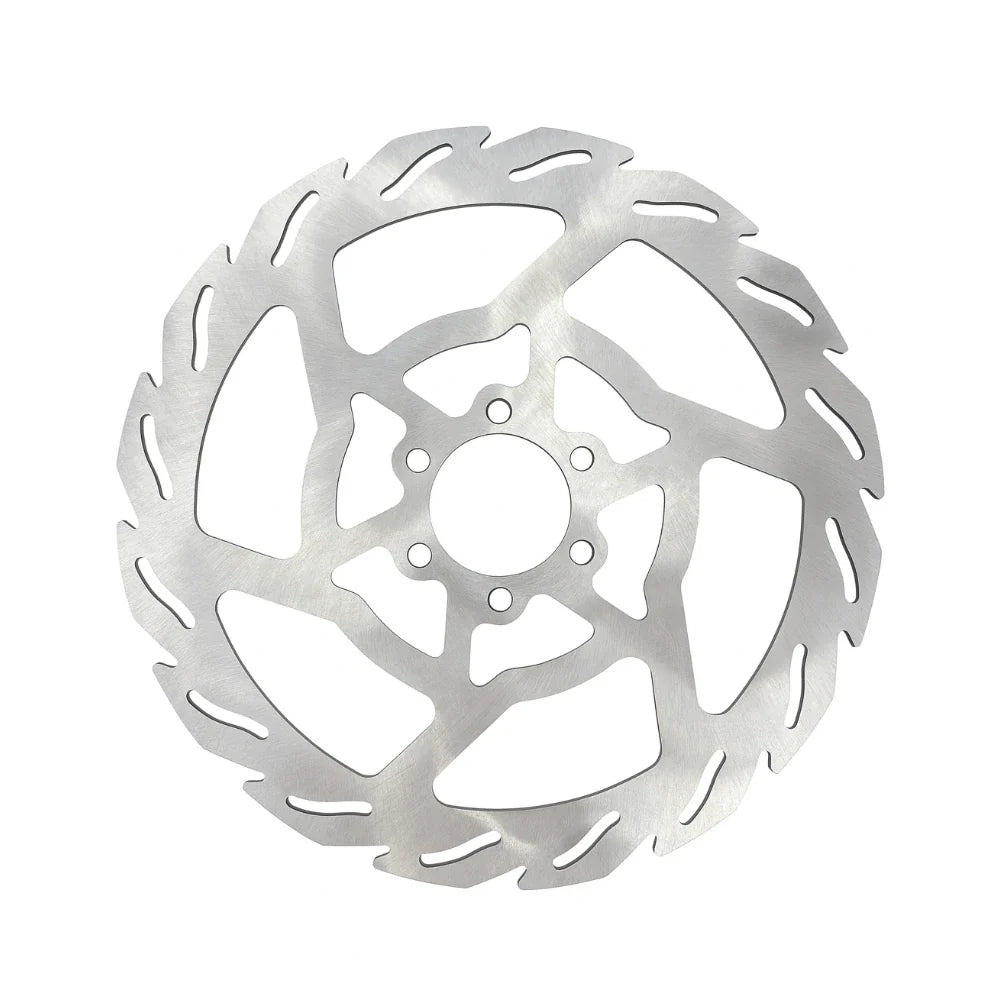 Metallic disc brake rotor on a white background