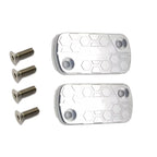 Two metallic footpegs with a honeycomb pattern and four screws on a white background