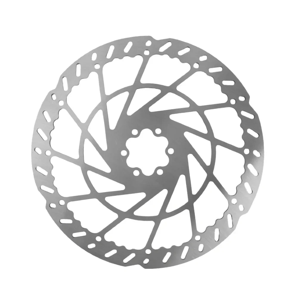 Metallic disc brake rotor on a white background