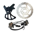Bicycle disc brake components including caliper, rotor, and housing on a white background