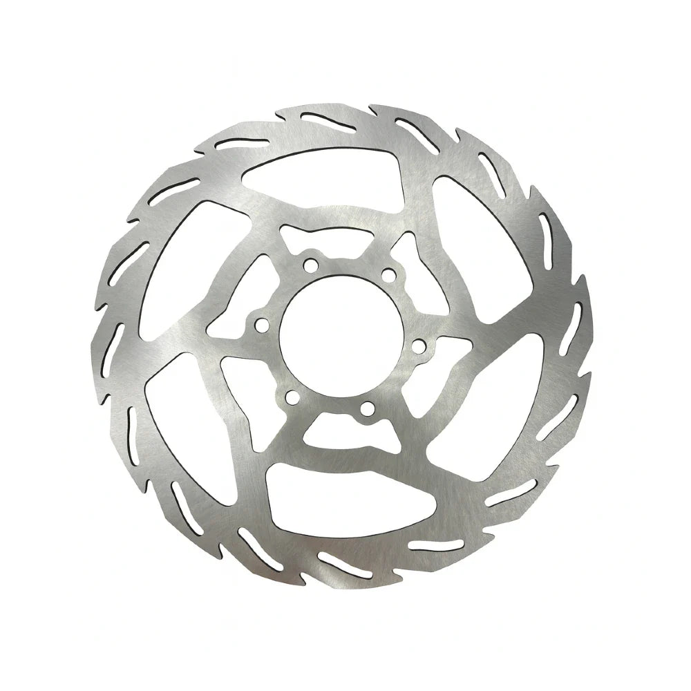 Metallic disc brake rotor on a white background