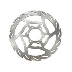 Metallic disc brake rotor on a white background